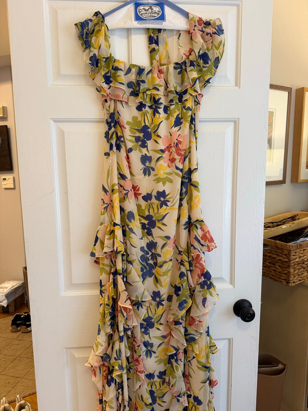 Off the shoulder floral ruffle maxi dress with tie belt wear to a wedding!